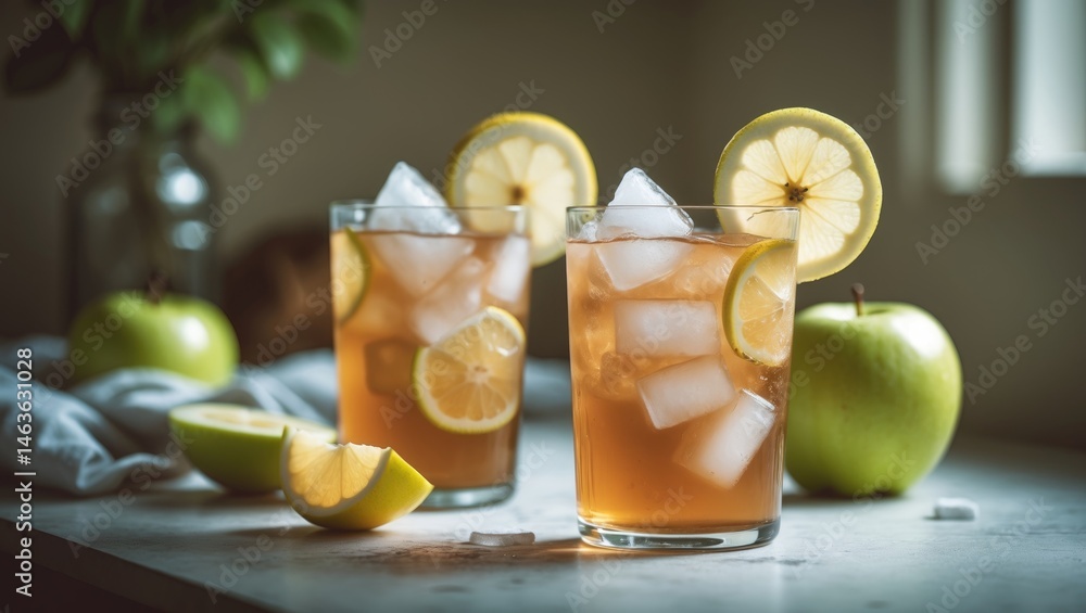 Fototapeta premium Fruity apple honey iced tea with ice, perfect for summer in glasses