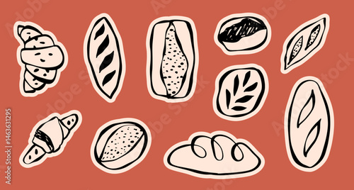 hand drawn bakery bread stickers and logo vintage retro style for baking food company, cookies, croissant, challah, sourdough, flour, butter, muffin