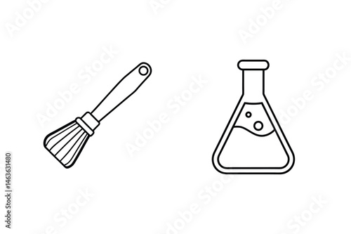 Simple line art illustration of a whisk and a conical flask for educational concepts