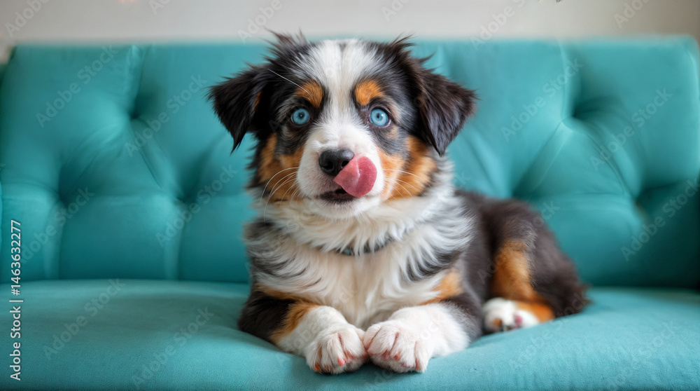 Adorable blue eyed mini aussie licking nose on turquoise sofa - cute miniature australian shepherd dog with blue eyes and tongue out sitting like a person on a couch Adorable blue eyed mini aussie licking nose on turquoise sofa - cute miniature australian shepherd dog with blue eyes and tongue out sitting like a person on a couch
