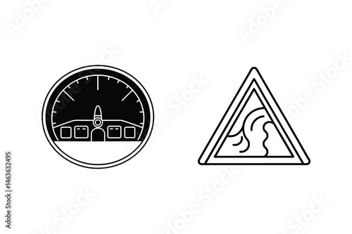 Airplane cockpit instrument panel icon and warning sign for turbulent conditions vector illustration