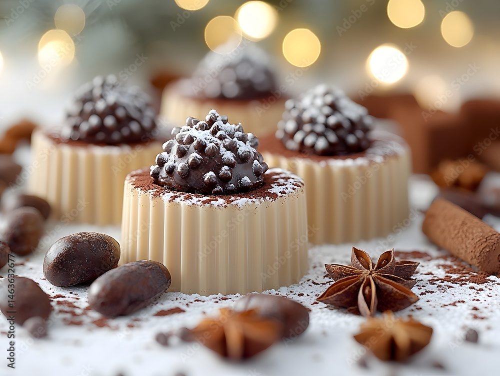 Delicious Christmas chocolate cake and cupcakes, some with nuts and sweet icing, are festive baked treats