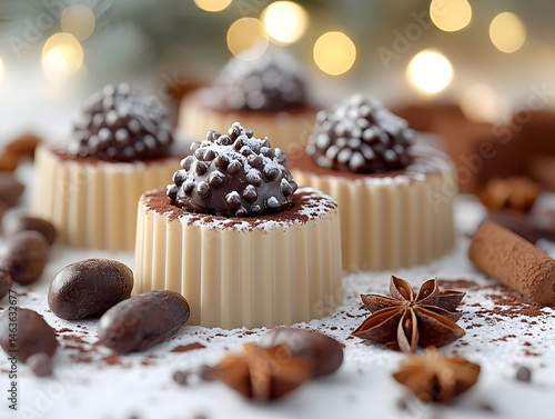 Obraz na płótnie Delicious Christmas chocolate cake and cupcakes, some with nuts and sweet icing, are festive baked treats w salonie