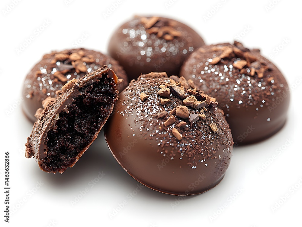 Delicious brown chocolate candies, a sweet food snack, are isolated on a white background