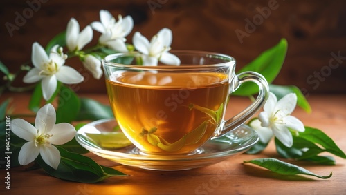 Green tea served in a glass cup with white jasmine flowers