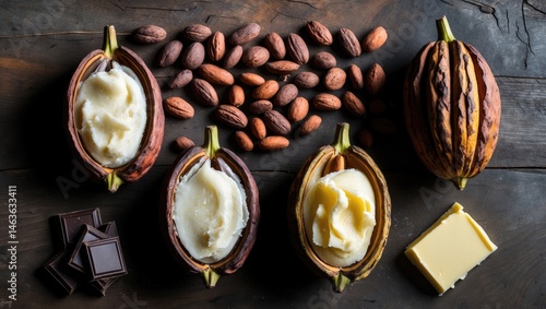 Top-down view of cacao fruit featuring fresh and dry beans along with butter and chocolate, with ample space for text