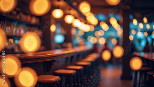 Blurred interior of pub and bar during nighttime
