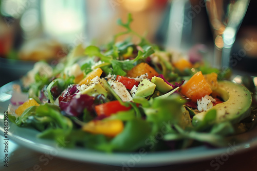 Fresh healthy vegetable salad on a plate. Salad with tomatoes, bell pepper, avocado and greens. Natural healthy food, homemade food. Restaurant menu, food delivery. Close up photo.