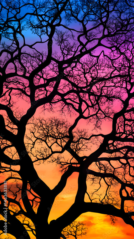 Solitude in Silhouette: The Intricate Elegance of a Tree at Sunset Against a Colorful Sky