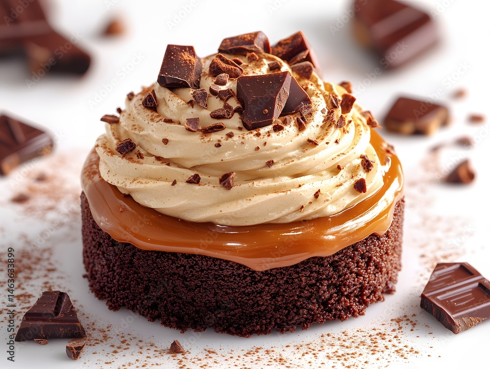 A delicious piece of brown chocolate cake with nuts sits on a plate, a sweet pastry from the bakery