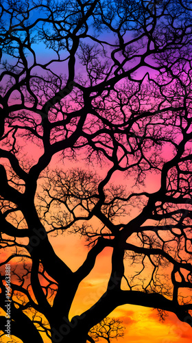 Obraz na płótnie Solitude in Silhouette: The Intricate Elegance of a Tree at Sunset Against a Colorful Sky w salonie