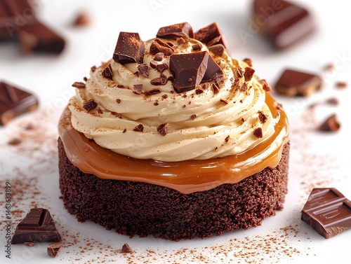 A delicious piece of brown chocolate cake with nuts sits on a plate, a sweet pastry from the bakery
