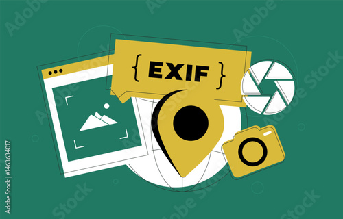Exif metadata vector illustration featuring exif data viewer, photo editor and removal tools for image SEO optimization. Banner for photographers focusing on image optimization