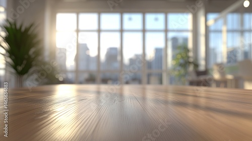 A clean  open office space featuring a wooden table in sharp focus  the blurred interior highlighting panoramic windows and soft ambient lighting 