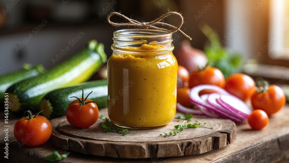 Zucchini puree within a glass jar atop the table Zucchini puree within a glass jar atop the table