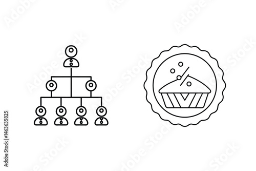 Black and white illustration of a company organizational chart and pie chart graphic elements