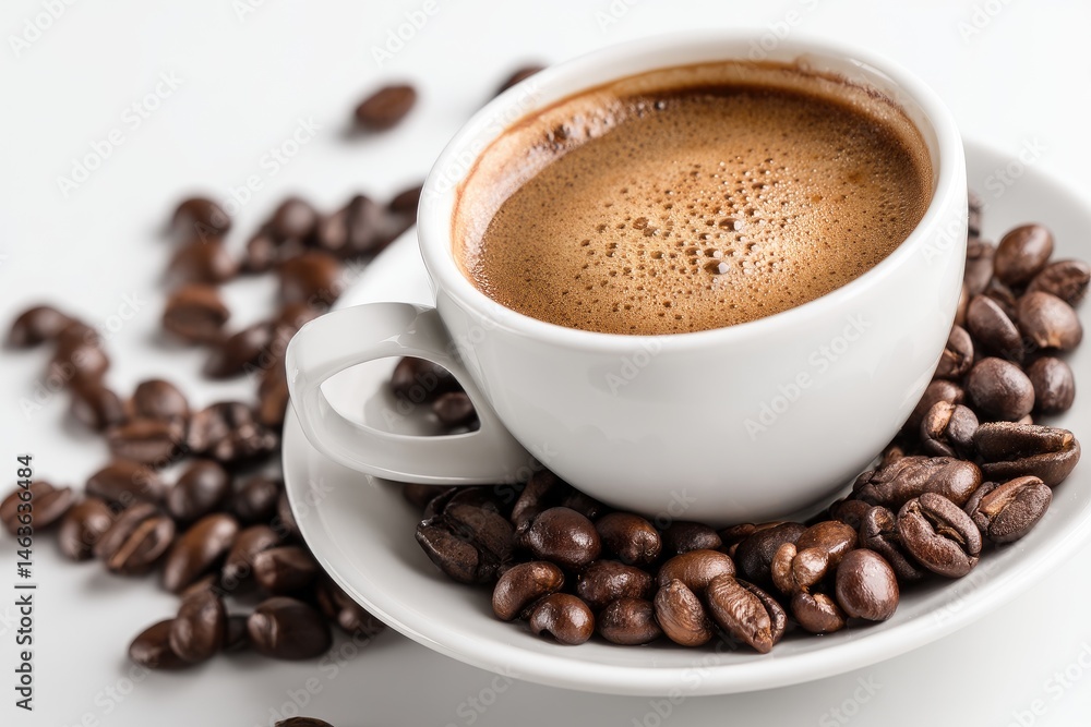 Espresso in white cup surrounded by coffee beans Espresso in white cup surrounded by coffee beans
