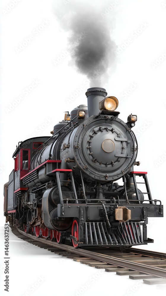 Fototapeta premium Classic vintage steam locomotive emitting black smoke on railroad track