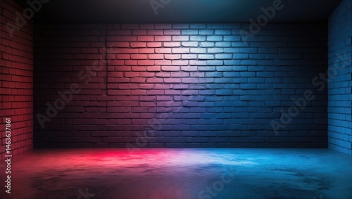 Interior studio space with grunge-style brick wall illuminated by neon lights and abstract textures
