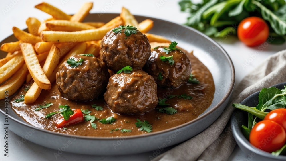 Meatballs roasted to perfection served with chips and vegetables Meatballs roasted to perfection served with chips and vegetables
