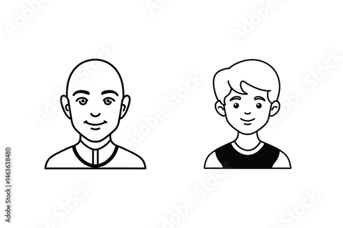 Simple black and white illustration of two different male faces depicting shaved head and styled hair