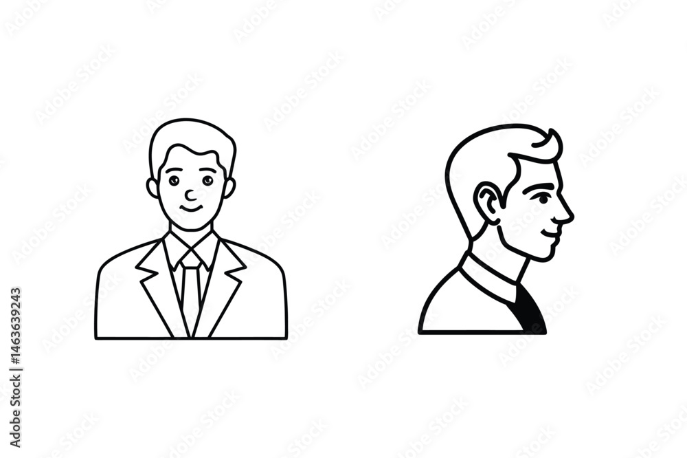 Simple line drawing depicting a businessman in profile and frontal view on white background Simple line drawing depicting a businessman in profile and frontal view on white background