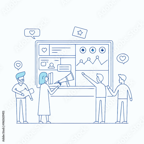 Team analyzing social media data and user engagement with likes and favorite icons