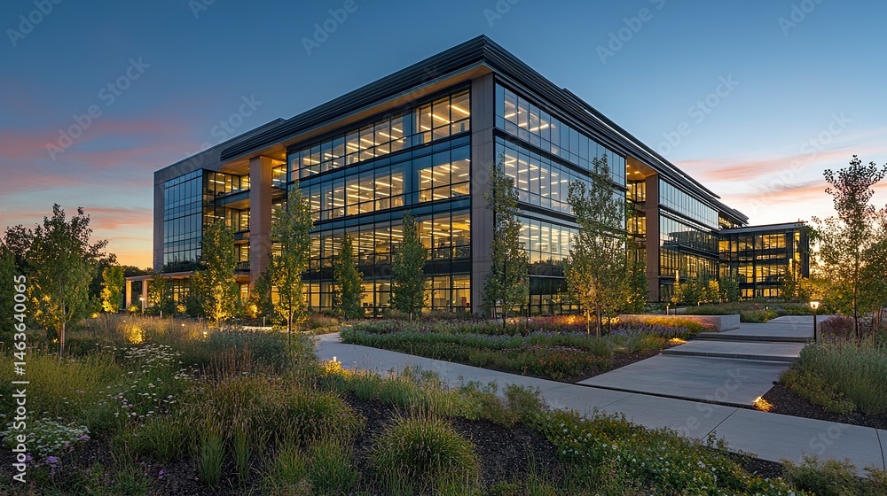 Obraz premium A contemporary office building complex surrounded by landscaped green spaces, the illuminated interiors casting a warm glow against the cool evening sky 