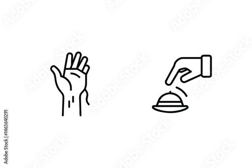 Hand gesture and bellhop icon signifying requesting service or attention using outline style