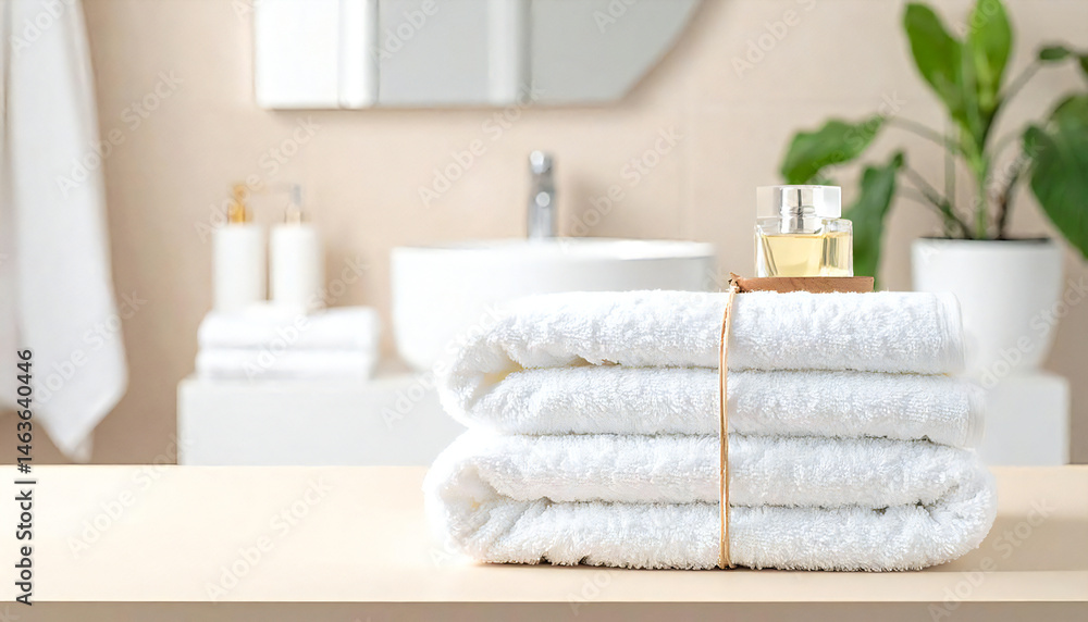バスルームに積み重ねられた白いタオル。White towels stacked in the bathroom. バスルームに積み重ねられた白いタオル。White towels stacked in the bathroom.