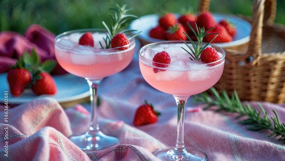 Chilled pink beverage featuring raspberry and rosemary, served in two glasses with champagne and lemonade during a picnic Chilled pink beverage featuring raspberry and rosemary, served in two glasses with champagne and lemonade during a picnic