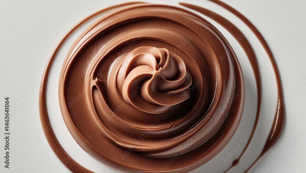 Close-up of melted hazelnut chocolate cream sauce with swirl pattern, isolated background Close-up of melted hazelnut chocolate cream sauce with swirl pattern, isolated background
