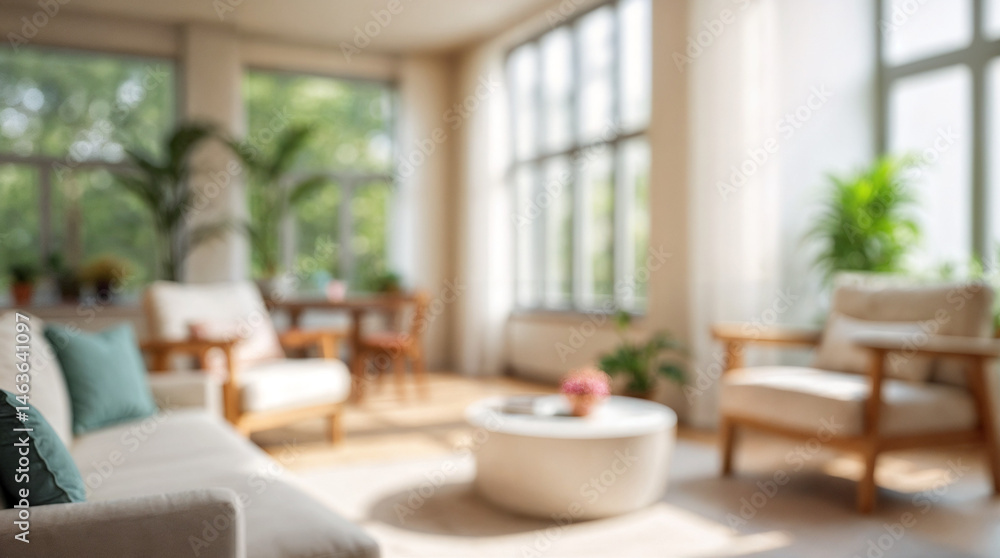Fototapeta premium Blurred background of a bright and airy modern living room featuring natural light, cozy decor, and inviting seating arrangements, creating a peaceful and stylish atmosphere.