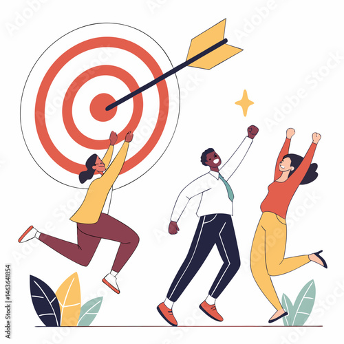 Team celebrating success after hitting the target goal with arrow in flat illustration