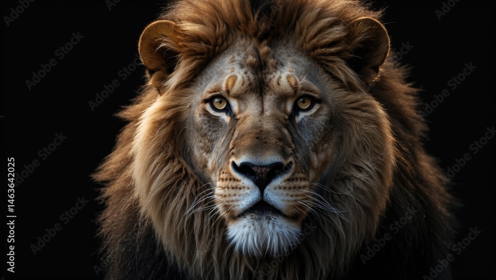 Fototapeta premium Close-up portrait of a fierce male lion highlighting its mane and regal presence