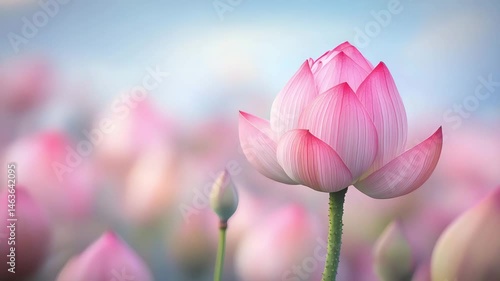 Close up view of a delicate pink lotus flower blooming amongst a field of other lotus flowers in soft focus