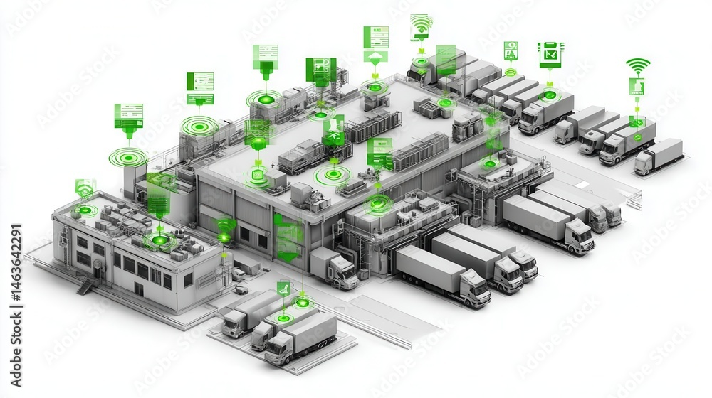 Futuristic logistics hub with digital connectivity indicators Futuristic logistics hub with digital connectivity indicators