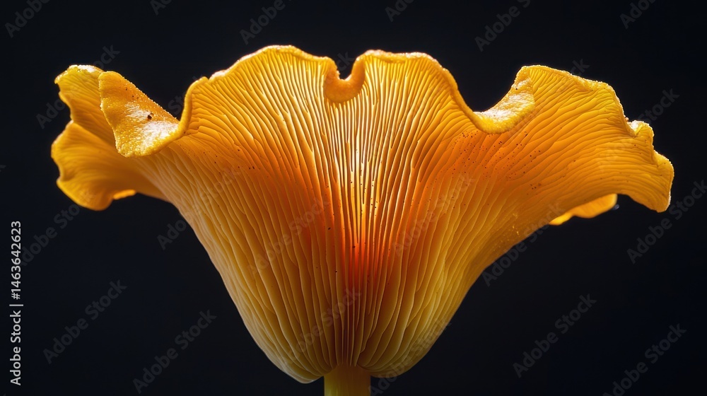 A pristine shot of a fresh yellow chanterelle mushroom, with smooth, fluted edges and vibrant color. A pristine shot of a fresh yellow chanterelle mushroom, with smooth, fluted edges and vibrant color.