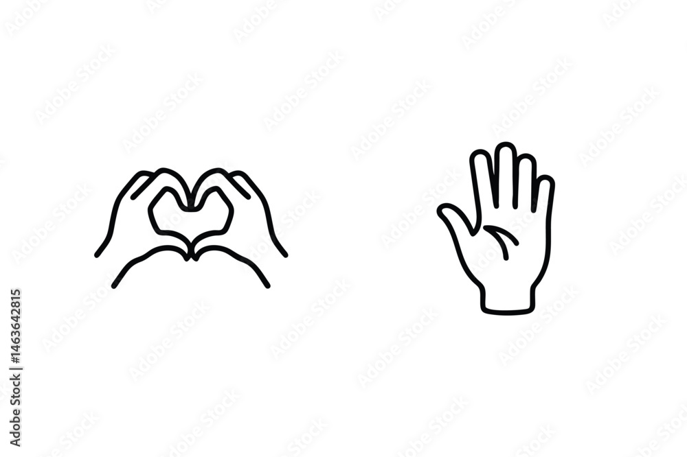 Minimalist black outline hand gestures representing love kindness and showing positive communication Minimalist black outline hand gestures representing love kindness and showing positive communication