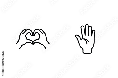 Minimalist black outline hand gestures representing love kindness and showing positive communication