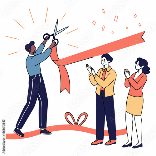 Grand opening celebration with ribbon cutting and applauding colleagues illustrated concept