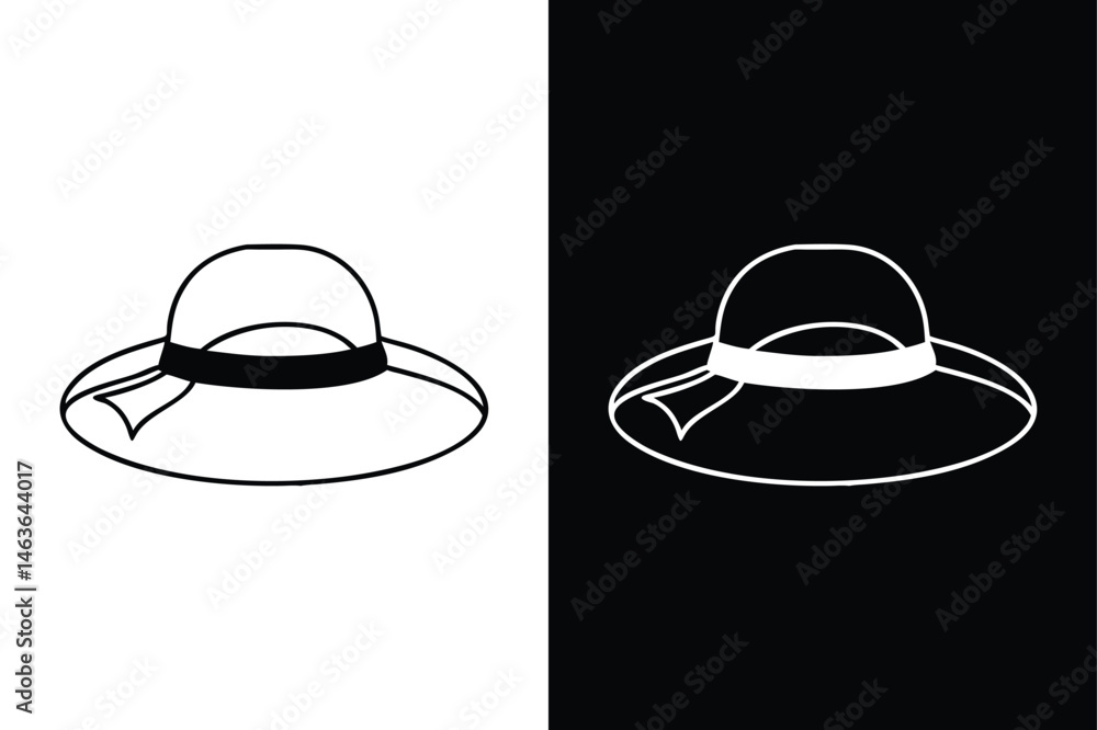 Fototapeta premium Sun Hat Line Drawing. Stylish Black and White Vacation Sketch