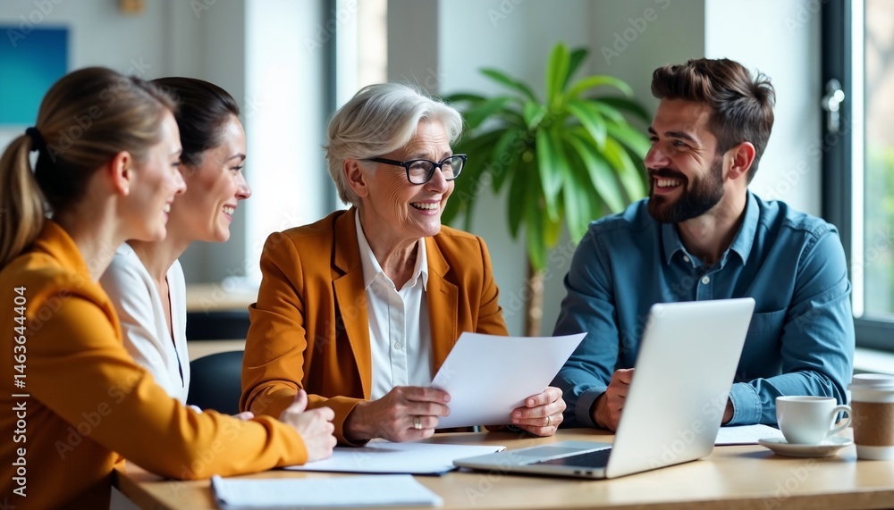 Business team smiling and discussing documents in a modern office Business team smiling and discussing documents in a modern office