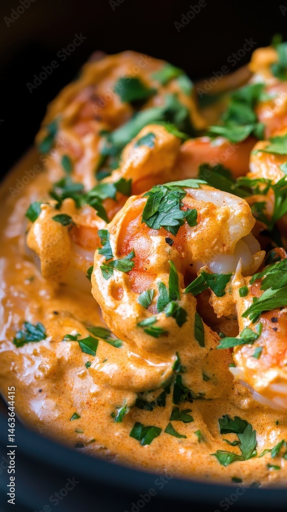 Close up of creamy shrimp dish with fresh parsley garnish in a dark bowl studio shot food photography delicious seafood dinner Close up of creamy shrimp dish with fresh parsley garnish in a dark bowl studio shot food photography delicious seafood dinner