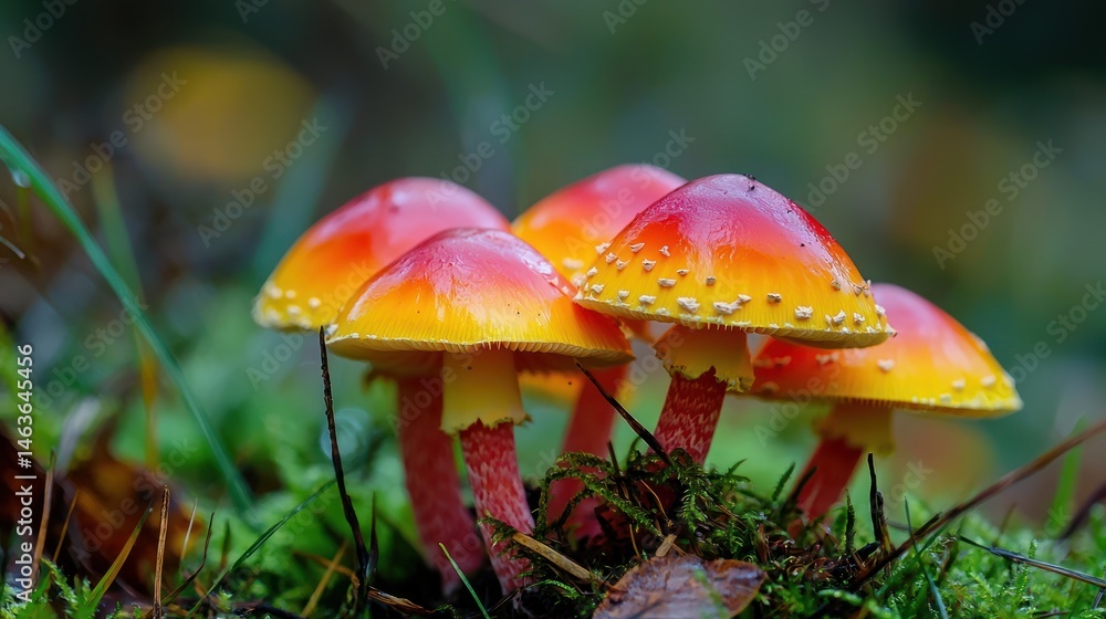 Fototapeta premium A small group of colorful mushrooms with rich red and yellow tones, captured in high detail.