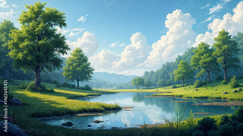 landscape trees, clouds and a pond