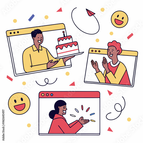 Online birthday celebration with cake and cheers using digital video conference call
