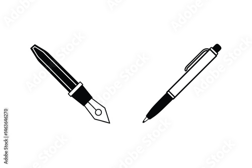 Classic fountain pen and ballpoint pen icon illustration in black and white on a clean white background