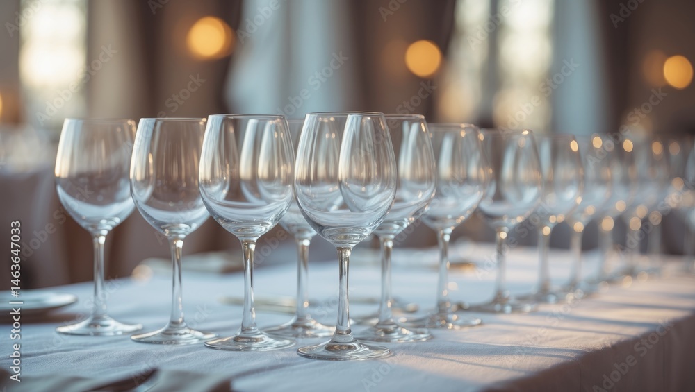 Detailed view of empty glasses resting on a tablecloth Detailed view of empty glasses resting on a tablecloth