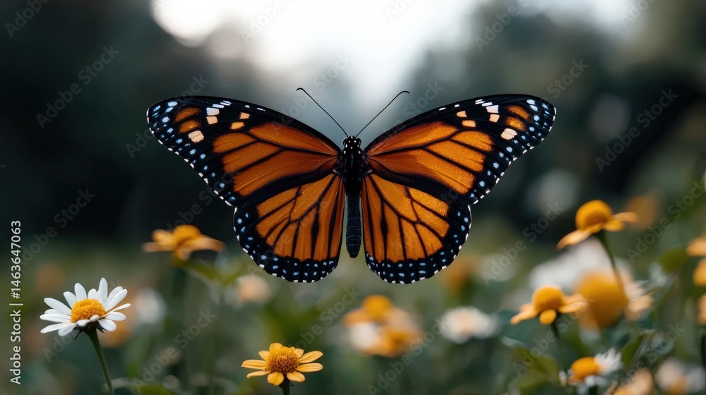 Fototapeta premium Monarch butterfly gracefully flits among vibrant wildflowers in a meadow.